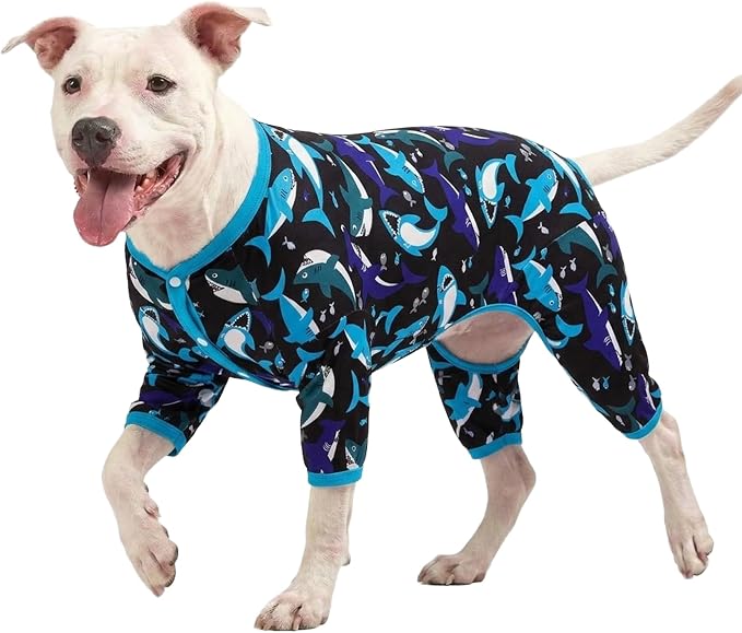LovinPet Dog Pjs Large Breed - Pet Anxiety Relief, Anti-Shedding Dog Pajamas, Lightweight Stretchy Fabric, Whale Hello There White Print, Large Pitbull Pajamas, Pitbull Clothes All Season/Medium