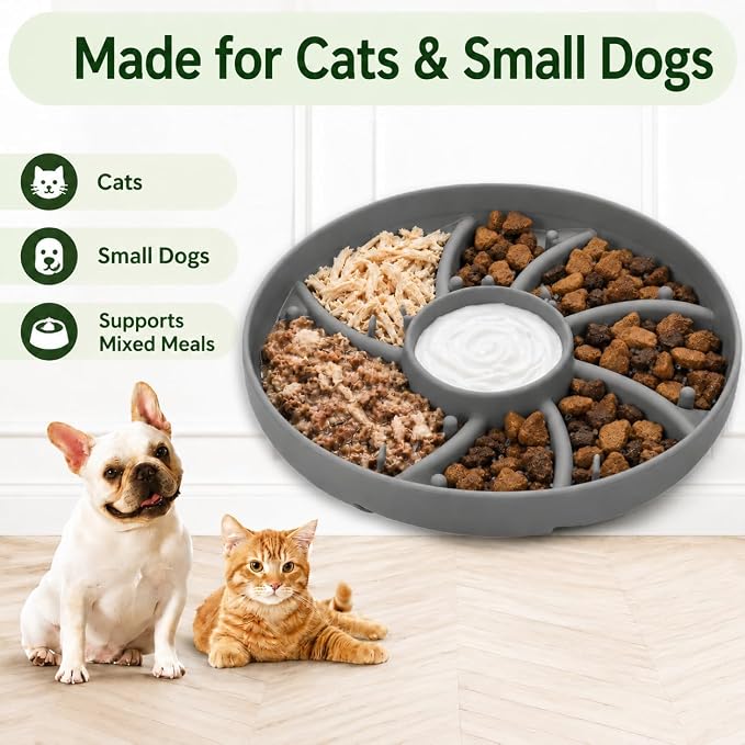 Slow Feeder Dog Bowl Silicone Suction Cup Anti Spill Dogs Cats Grey | strong suction base prevents sliding, extends mealtime, reduces anxiety, textured surface, dishwasher safe