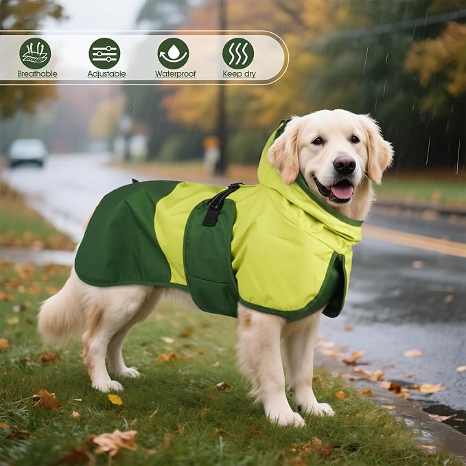 BRKURLEG Dog Raincoat, Waterproof Rain Jacket with Hood, Green, XXXL | Adjustable Windproof Rainproof Jacket with Leash Hole, Reflective Breathable Rain Coat Poncho, for Small to Large Dogs