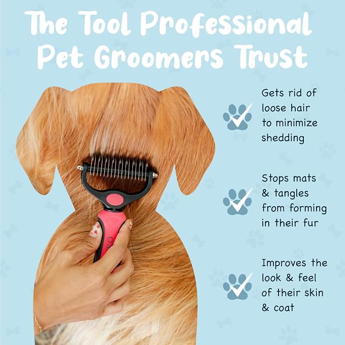Sinko Shedding Brush For Dog and Cat, Grooming Brush with Extra Wide Double-Sided Stainless Teeth for Detangling, Deshedding, Brushing & Removing Shed Fur, Knots, Mats, and Tangles in Pets (Pink)