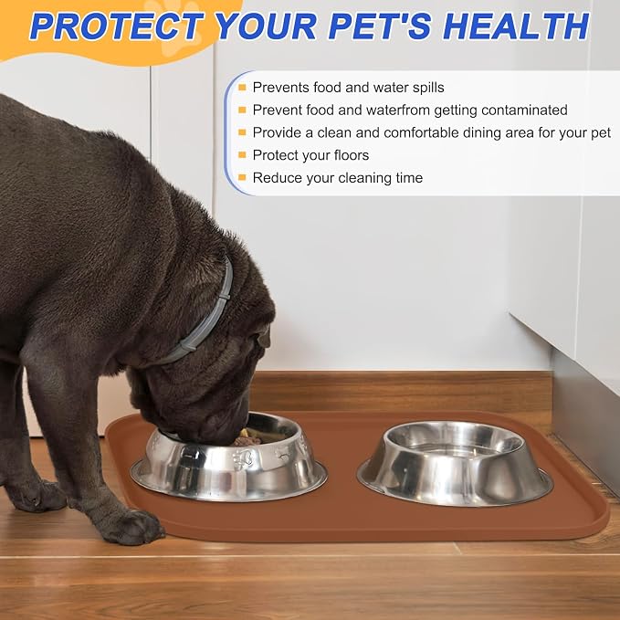 SMILOOL Silicone Pet Food Mat with Raised Edge for Food and Water Bowl, Dog Feeding Mats, Cat Food Trays for Floor Waterproof, Rubber Tray for Dogs and Cats, 19 x 12 x 0.7 Brown