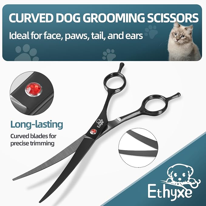 7-Inch Dog Grooming Scissors Set, 4-in-1 Pet Shears Kit | Straight, Curved, Thinning & Chunkers, Includes Comb for Home & Professional Grooming