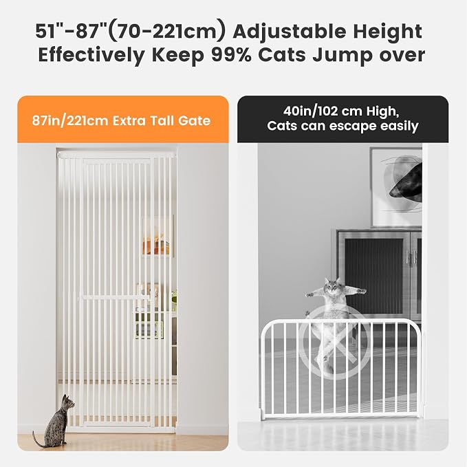 Gardner Pet 51"-87" Extra Tall Cat Gate for Doorway, Wide Adjustable 27.56"-37" Baby Gate Included 4 Extension Kits, Pressure Mounted Safety Full Door Gate for Stairs, Studio, Kitchen (White)