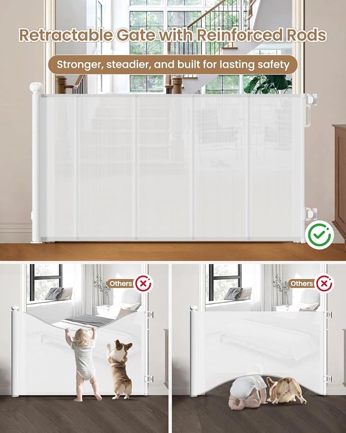 Baby Gate Mesh, 71" Wide 34" Tall Retractable Mesh Baby Gates | Mesh Pet Gate, One-Hand Operation, Baseboard Fit, 6 Reinforced Rods, for Open Kitchen, Living Room & Playroom, White