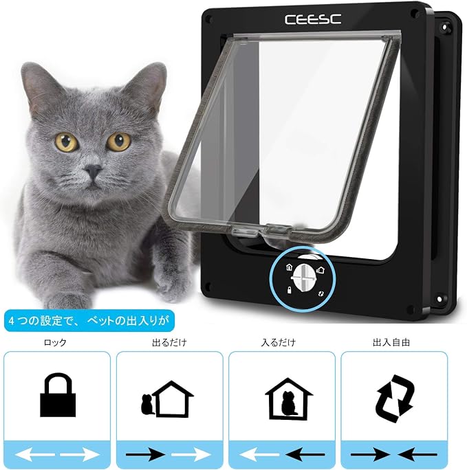 CEESC X-Large Cat Door for Interior/Exterior, for Pets <24.8", Black | Rotary 4-Way Lock, Weatherproof, Fits doors 1.26-2.14", Adjustable tunnel depth, Upgraded version
