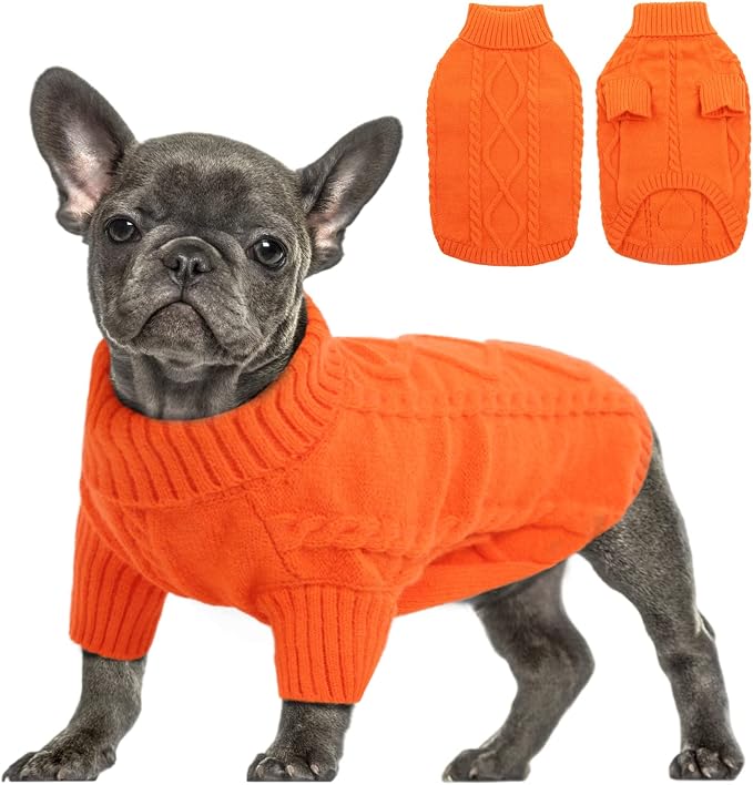 Queenmore Small Dog Pullover Sweater, Cold Weather Cable Knitwear, Classic Turtleneck Thick Warm Clothes for Chihuahua, Bulldog, Dachshund, Pug (Orange, Small)