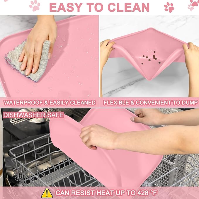 SMILOOL Silicone Pet Food Mat with Raised Edge for Food and Water Bowl, Dog Feeding Mats, Cat Food Trays for Floor Waterproof, Rubber Tray for Dogs and Cats, 22 x 14 x 0.8 Sakura Pink