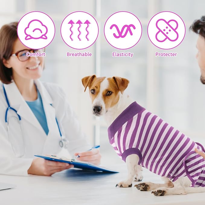 2 Packs Breathable Cotton Dog Recovery Suit for After Neuter Spay Abdominal Wounds Protector, Professional Anti-Licking Onesies for Male Female Pets Surgery Bandages, XL Purple & Pink Stripes