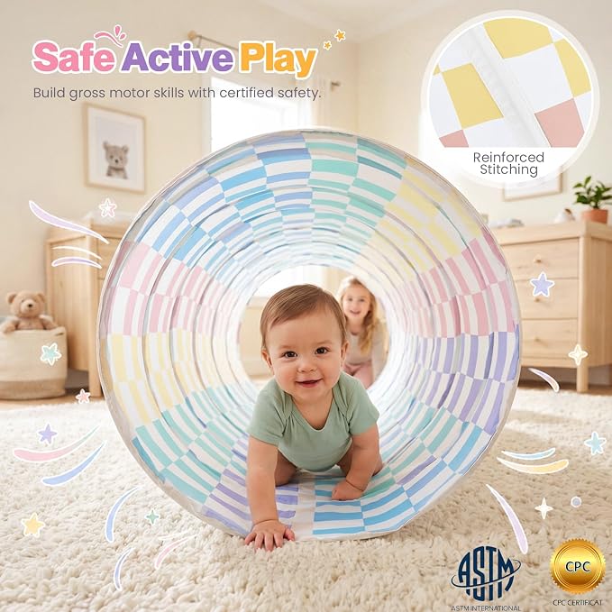 Kids Play Tunnel Tent for Toddler: 6-ft Peach-Skin Pop Up Crawl Tunnel Toy for Baby Infant Children - Collapsible Gift for Boy Girl Play Tunnel Indoor Outdoor Game (Colorful Checkered Tunnel)