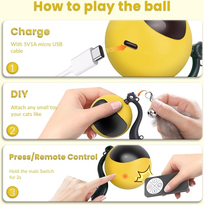 Interactive Cat Toy Ball, Automatic Self-Rolling Cat Toy with Feather Tail, Rechargeable Smart Cat Ball for Indoor Cats（Yellow）