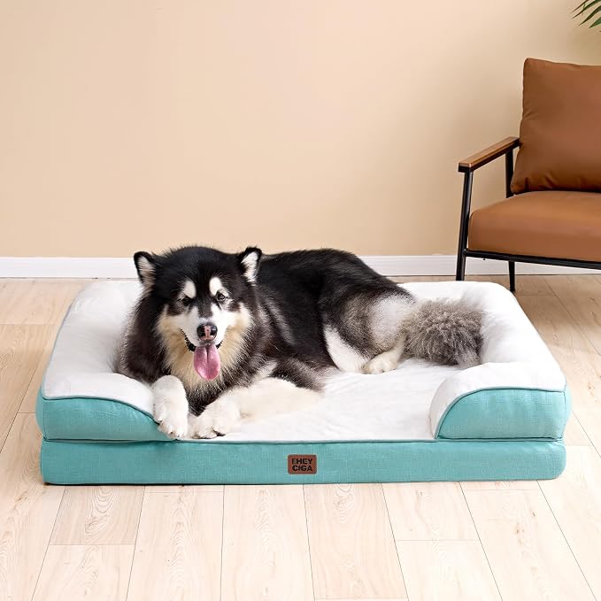 EHEYCIGA Orthopedic Dog Beds for Extra Large Dogs, Waterproof Memory Foam XL Pet Bed with Sides, Non-Slip Bottom and Egg-Crate Foam Big Dog Couch Bed with Washable Removable Cover, Turquoise Blue
