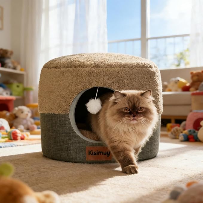 Cozy Cat Bed Cave for Indoor Cats,with Reversible Plush Cushion | 19.7"D x 15"H, 2-in-1 Convertible Kitten Bed, Hanging Cat Toys, Linen Fabric, Non-Slip, Large Cat Couch, Brown