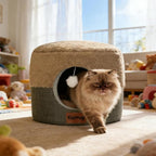 Cozy Cat Bed Cave for Indoor Cats,with Reversible Plush Cushion | 17.7"D x 13.8"H, 2-in-1 Convertible Kitten Bed, Hanging Cat Toys, Linen Fabric, Non-Slip, Small Dog Bed, Brown