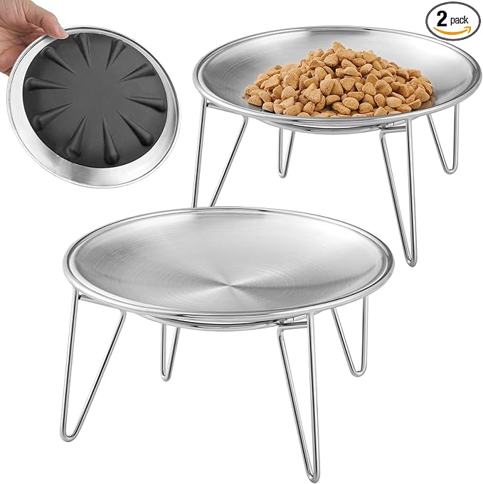 WROSWT Elevated Cat Bowls, Separable Dishes for Solo Use, 304 Stainless Steel Raised Cats Plates for Wet Food, Extra Wide Shallow Design for Whisker Relief, Non-Slip Silicone Base Kitten Feeder, 2 Set
