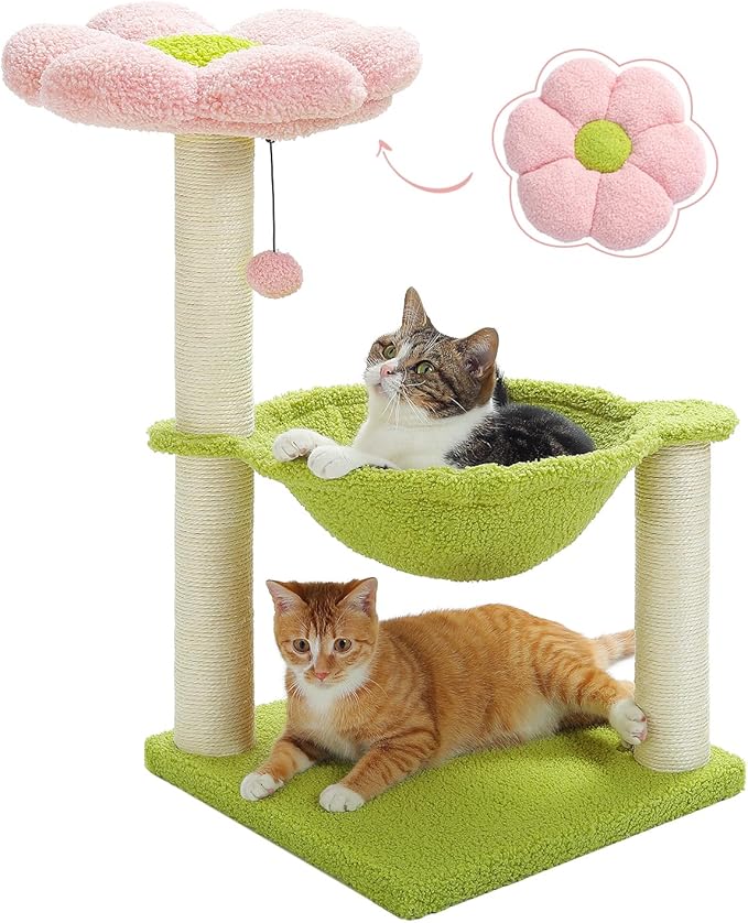 MUTTROS Flower Cat Tree, 28" Cat Tower with Cozy Flower Perch, Large Hammock for Indoor Small Cats, Cute Cat Tree with Sisal Scratching Post and Fur Toy Ball for Kittens, Pink | Plush flower perch, Metal frame hammock, Sisal post, Fluffy toy ball, Thic...