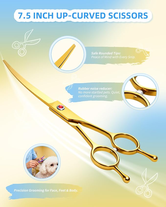 Curved Scissors for Dog Grooming, Dog Grooming Scissors Curved with Noise Reduction Pad, Light Weight,7.5" Pet Cutting Shears Safety Trimming Shearing for Dogs Cats (Curved, Golden)