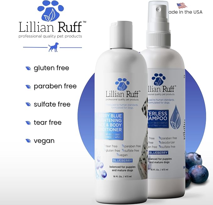 Lillian Ruff PRO Formula Blueberry Waterless Dog Shampoo & Berry Blue Brightening Conditioner - No-Rinse Odor Eliminator & Hydrating Whitening Conditioner Detangles, Restores Skin, Softness & Shine