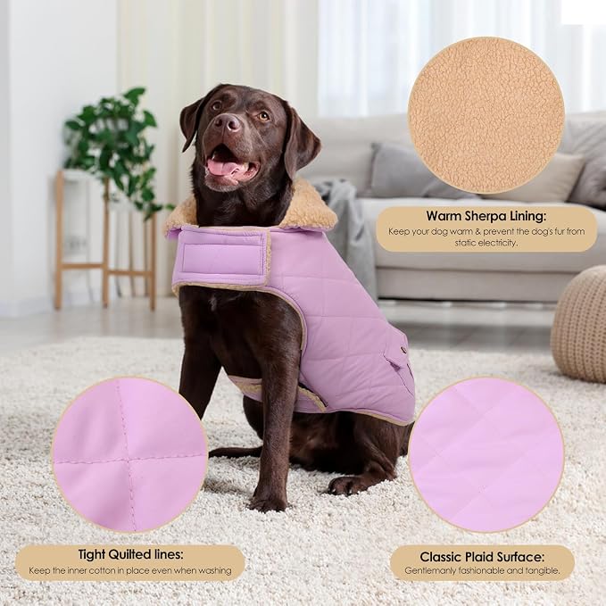 Winter Coat for Small Dogs, Puppy Plaid Jacket, Dog Jacket for Cold Weather, Windproof Warm Garments, Pets Thickened Outfits Indoor Outdoor, Lilac S