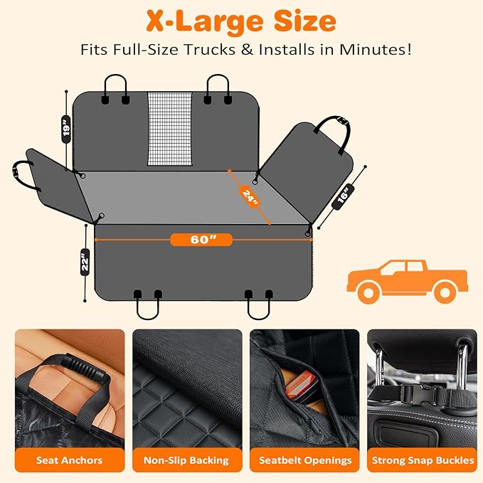 URPOWER XL Dog Seat Cover for Full-Size Truck Back Seat, Waterproof Hammock | Mesh Window, Side Flaps, 600D Oxford, Scratch Resistant, Non-Slip, Easy Install, Machine Washable, Pee Pad Included