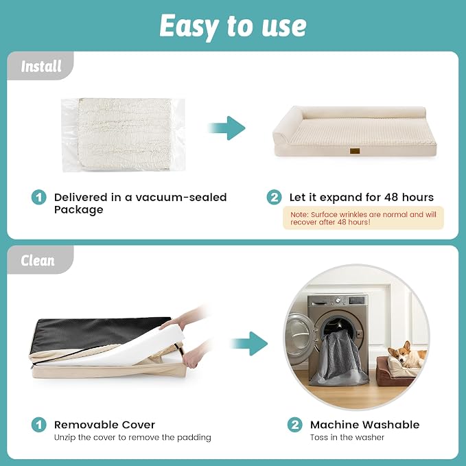 COZY KISS Orthopedic Dog Bed for Extra Large Dog 44x32 inch, XL Pet Sofa, Bolster Foam Bed with Sides, Non-Slip and Egg-Crate Big Dog Couch Bed with Washable Removable Cover, Beige