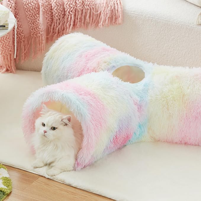 Tempcore Plush Pet Cat Tunnel Tube Cat Toys 3 Way Collapsible, Tunnels for Indoor Cats，Kitty Tunnel Bored Pet Toys Peek Hole Ball Puppy, Kitty, Kitten, Rabbit Rainbow