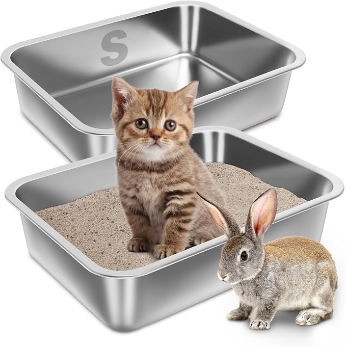 Stainless Steel Litter Box for Kitten, Small Litter Box 2 Pack | 15.7"×11.8"×4",Easy Entry, Non Odor, Easy to Clean, Metal Litterbox for Cat, Rabbit