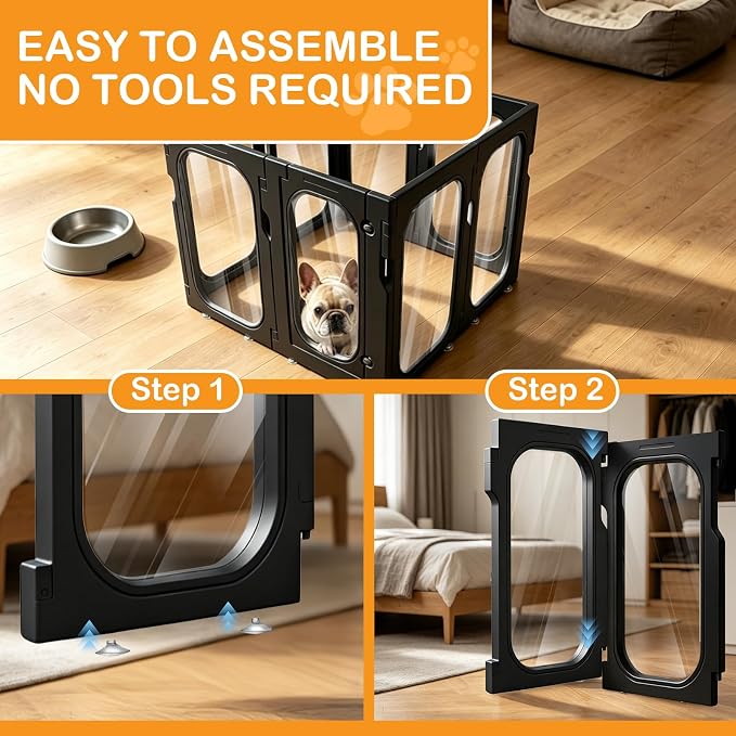 Acrylic Dog Playpen, 8-Panel Clear Transparent Puppy Playpen for Small Dogs Indoor Outdoor, Easy Assembly Foldable Pet Exercise Pen with Locking Door (Black, 25.6 INCH, 10 Panels)