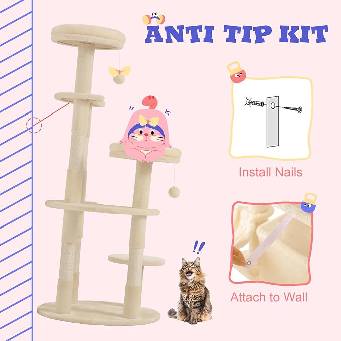 Allewie 55.5 in Cat Tree for Indoor Kitties/Soft Plush Perches/Multi-Level Cat Tower/Sisal Scratching Posts/Crescent Plates/Round Jumping Board/Hanging Ball/Pet Activity Center/Beige