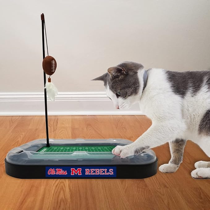 Cat Scratching Toy NCAA Louisville Cardinals Football Field Cat Scratcher Toy + Interactive Cat Ball Bell in Tracks. 5-in-1 CAT Toy: Cat Wand Poll + Catnip Filled Plush Football & Feathers