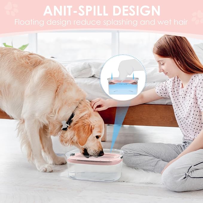 3L No Spill Dog Water Bowl with Slow Drinking Disk(Pink) | Clear Acrylic, Easy Water Check, Non-slip Pads, Slobber Stopper Splash Proof Water Bowl for Sloppy Messy Drinkers Reduce Mess