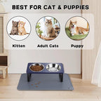 Summark Upgraded Elevated Cat Bowls with Food Mat,15°Tilted Stand Anti Vomiting Raised Cat Dishes for Food and Water,2 Stainless Steel Bowls for Cats and Puppies（Navy Blue）