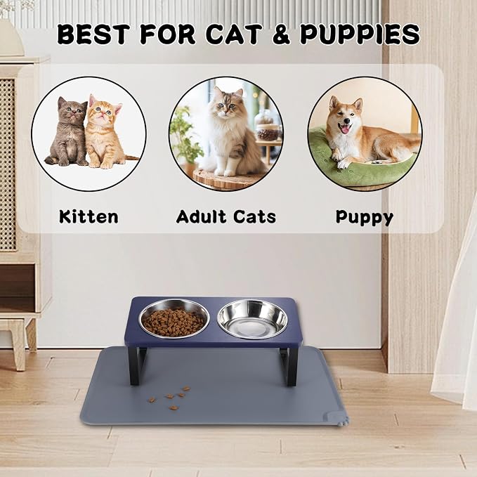 Summark Upgraded Elevated Cat Bowls with Food Mat,15°Tilted Stand Anti Vomiting Raised Cat Dishes for Food and Water,2 Stainless Steel Bowls for Cats and Puppies（Navy Blue）