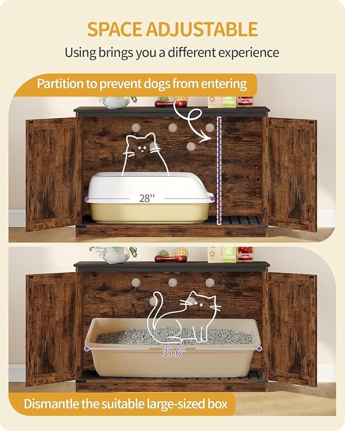 Hzuaneri Cat Litter Box Enclosure, Hidden Litter Box Furniture with Divider | Wooden Cat Cabinet with Removable Dividers, Reversible Entrance Left or Right Side, Cat Washroom, Rustic Brown Black CB84701X