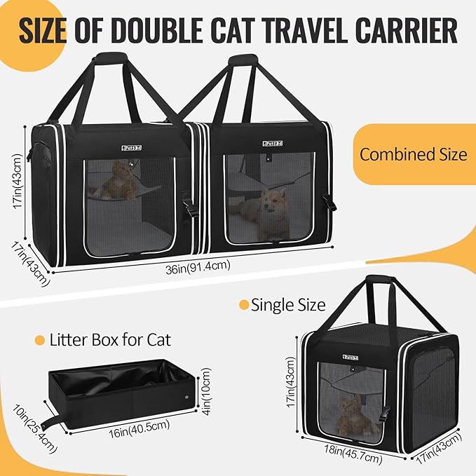 Petskd Portable Double Cat Carrier with Litter Box for Multiple Cats | 36"Lx17"Wx17"H, 2in1 Car Travel Carriers, Dual Large Cat Carrier, Lockable Safety Zippers, for Long Distance Travel