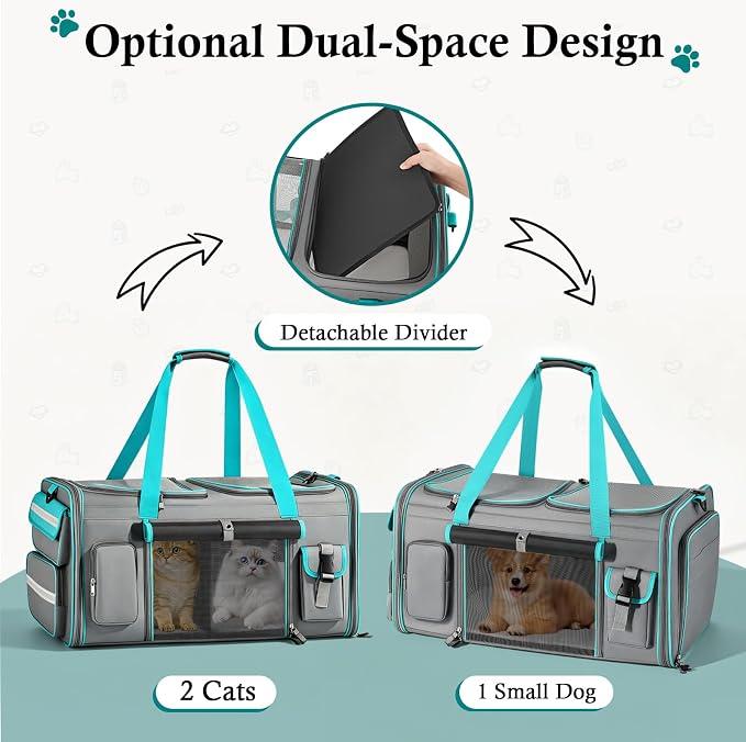Keaber Cat Carrier for 2 Cats with Expandable Space & Litter Box, Gray | Extra Large Soft Sided Pet Carrier with Detachable Divider, Puppy Travel Carriers for Home, Car, Camping & Vet Visits