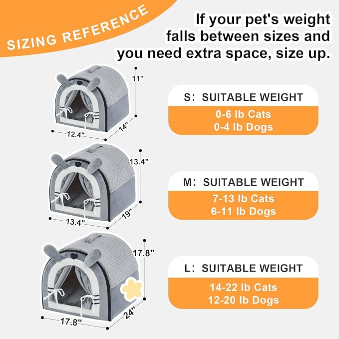 Jiupety Small Dog House Indoor, Cat House with Door Curtain Design, Puppy House with Reversible Washable Cushion, M Size Portable Pet Cave for 7-13 lb Cats and 5-11 lb Dogs, Non-Slip Bottom, Grey