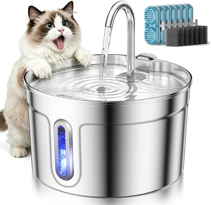 Stainless Steel Cat Water Fountain - 74oz/2.2L Ultra-Silent | 7 Filters Included, Visible Water Level, Dishwasher Safe, for Indoor Cats & Small Dogs