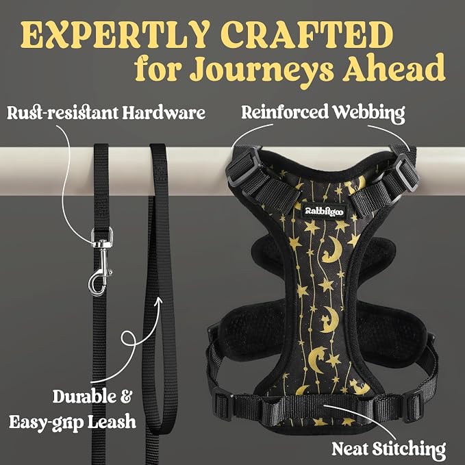 rabbitgoo Cat Harness and Leash Set, Escape Proof Vest, Lunar Prowl | Soft Breathable Mesh, Easy Adjustable Fit, Snap Buckles, Sturdy Clip, Reflective Strips, for Average Cats Walks, S