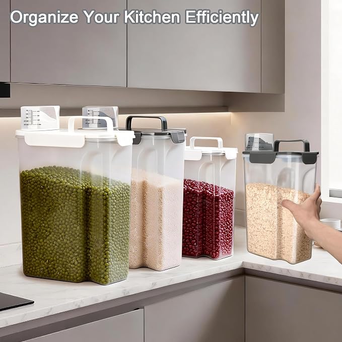 Rice Storage Containers, 20 LB Rice dispenser with Pouring Spout Large Bin for Flour, Pasta, Grain and Baking, Pet Dog Cat Bird Food Container Grey