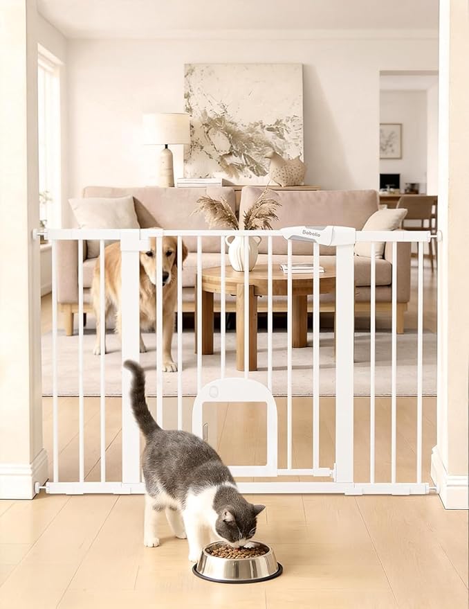 Babelio 29-48" Extra Wide Baby Gate with Adjustable Cat Door, CatPrivilege Ⅲ, Easy Install Pressure/Hardware Mounted, Auto Close Pet Door for Stairs, House, Doorways, Effortless Walk Thru, White | Adjustable Small Pet Door, Easy Install Pressure/Hardwa...