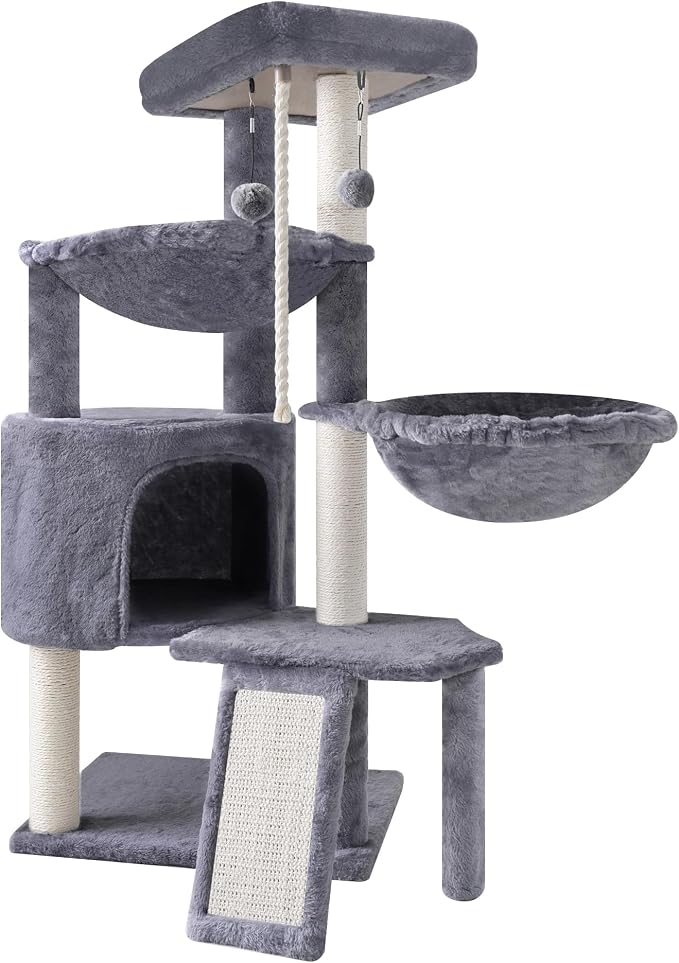 Three Layer Cat Tree with Cat Condo Scratch Pad and Two Hammocks,Grey | 3-Tier Cat Tree,Natural Sisal,Replaceable Hanging Balls,Sturdy Cat Furniture for Kitten&Adult Cat