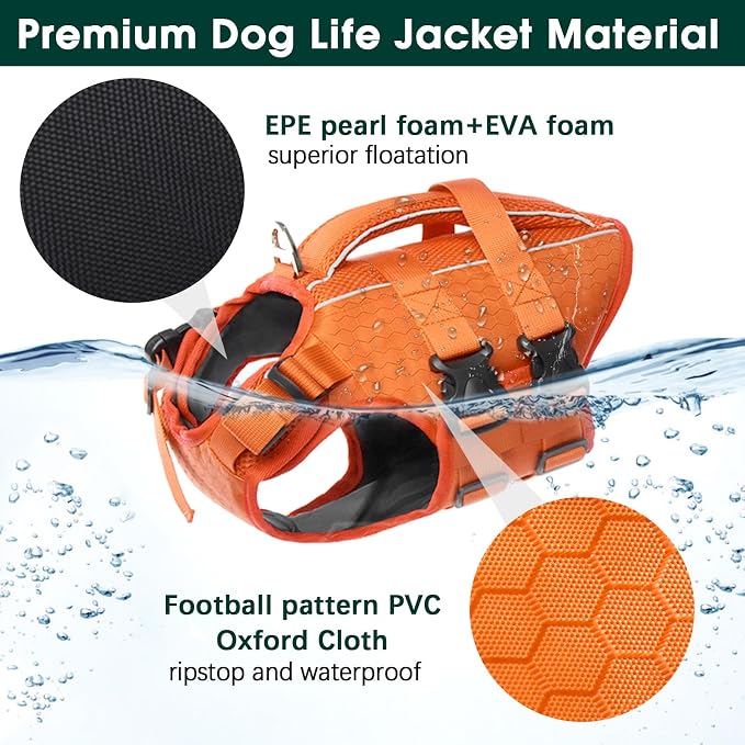 Kuoser Dog Life Jacket, High Flotation Reflective Dog Life Vest, Orange,XXL | Adjustable Dog Lifejackets for Small Medium Large Dogs, Lifevest with Rescue Handle for Swimming, Boating, Lake, Beach & Pool