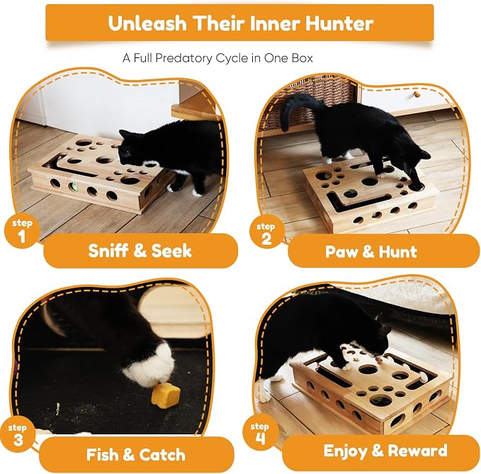【Large&Thicken Oak 】Cat Nail File Scratcher Puzzle Box,High-Density Furniture Grade Oak,Porous Design,Stimulate Cat Exploratory &Slow Down Eat Speed;Built In Frosted Paper,Polish Their Nail While Play