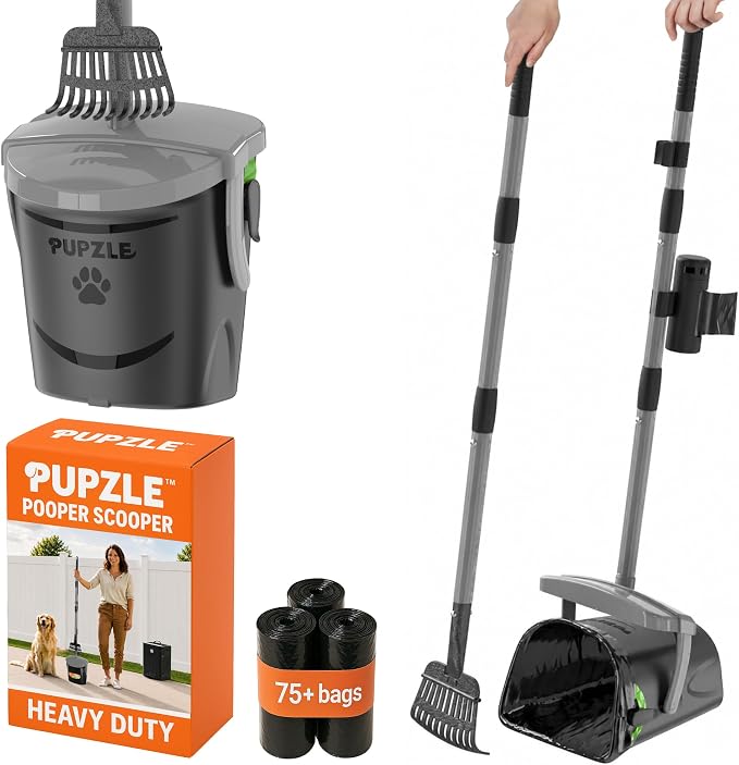 Pupzle Dog Pooper Scooper with Bag Attachment, 40" Long Handle Dog Scooper | Dog Poop Scoop for Yard, Large Capacity Swivel Bin and Rake Pooper Scooper, Lavender Scented Bags for Large Dogs (Grey)
