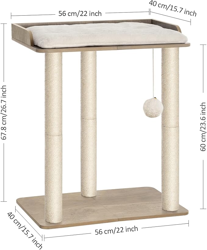 FourFurPets 26.7in Large Cat Tree Tower Condo, Cat Scratch Posts for Indoor Cats, Big Plate, Three 23.6in Full Sisal Scratching Posts, Greige