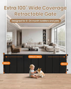 100" Extra Wide Retractable Baby Gate, Extra Long Indoor Pet Gate | 34“ Tall Mesh Dog Gate with 8 Reinforced Rods for Added Stability, for Family Rooms, Open Concept Areas & Play Areas, Black