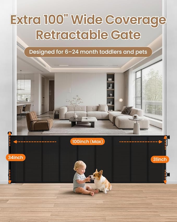 100" Extra Wide Retractable Baby Gate, Extra Long Indoor Pet Gate | 34“ Tall Mesh Dog Gate with 8 Reinforced Rods for Added Stability, for Family Rooms, Open Concept Areas & Play Areas, Black