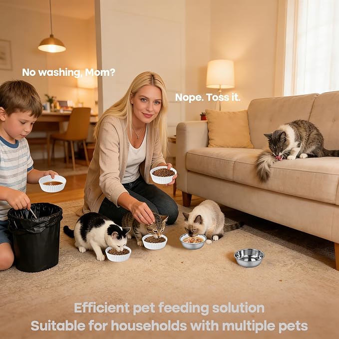 Bulk Disposable Cat Bowls Set (600 Pcs Cat Food Bowl Liners + 4 Pcs Stainless Steel Pet Bowls) Small Paper Bowls for Puppies, Kittens, Small Dogs and Cats, Ideal for Dry and Wet Food (White, Classic)