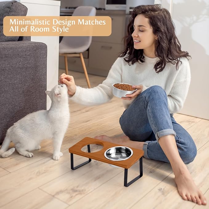 Elevated Cat Food Bowl for Indoor Cat, Brown Raised Water Bowl Set for Pet | Whisker Friendly, Anti Vomit, Feeding Station for Puppy, Stainless Steel, Pet Dish, Easy Assembly, Bamboo, Dishwashers Safe