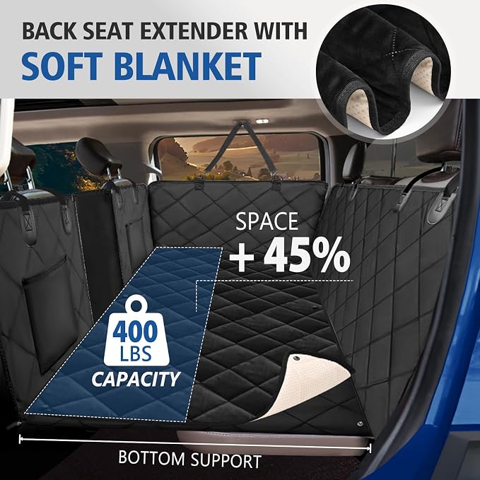 Btefd XL Hard Bottom Dog Back Seat Cover for Crew Cab Trucks with Blanket | Pet Hammock for F150, RAM1500, Sierra, Tundra, Silverado, Titan, Holds 420lbs, 45% Extender Space, Waterproof